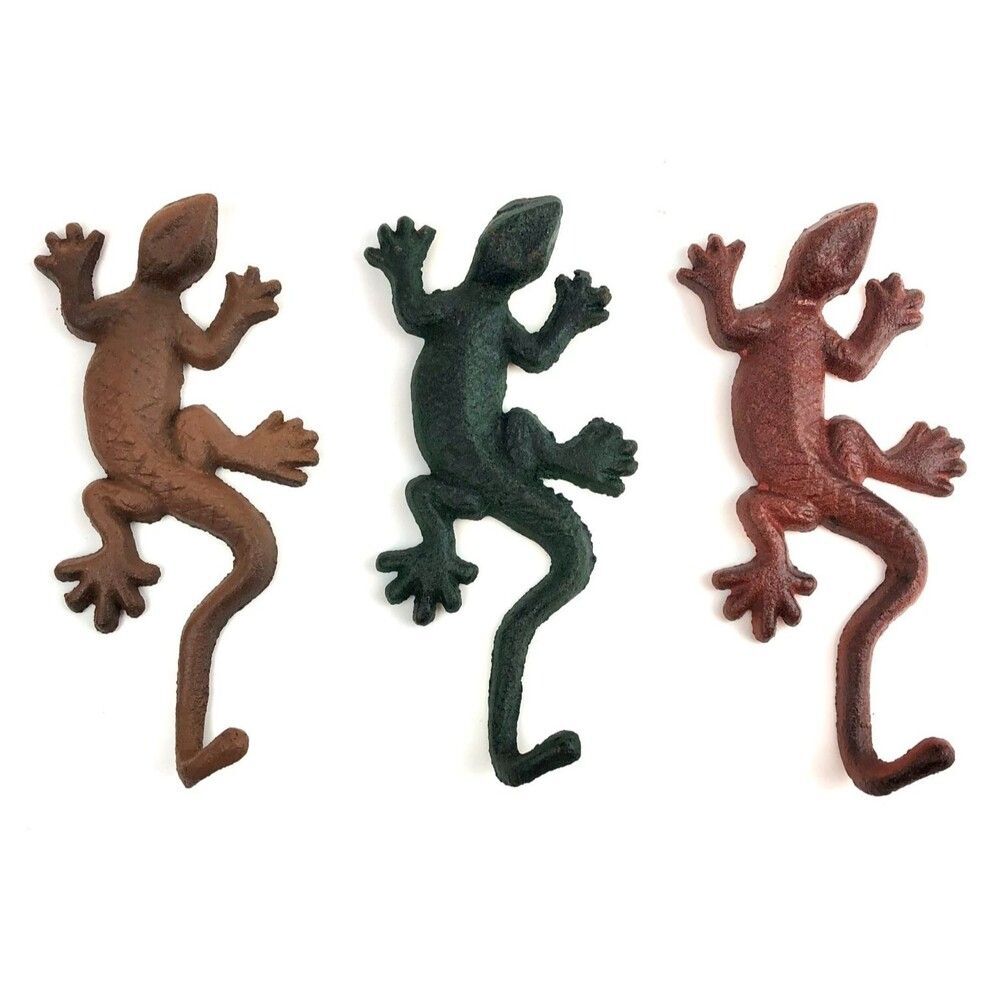 Cast Iron Lizard Wall Hooks 3 - Gecko Key Coat Towel Purse Hanger Rustic Colors